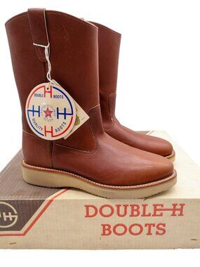 Vintage Double-H Boots Mens 8.5 D Brown Leather Wedge Sole Work Boots 3711 NWB